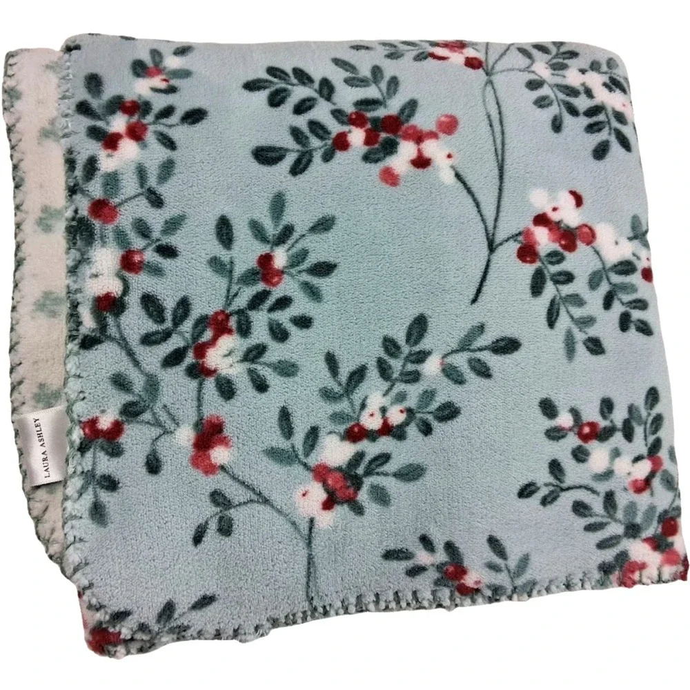 Laura Ashley Coco Plush Baby Blanket Berry Branch‎ Blue Floral Beige 30x40 Soft